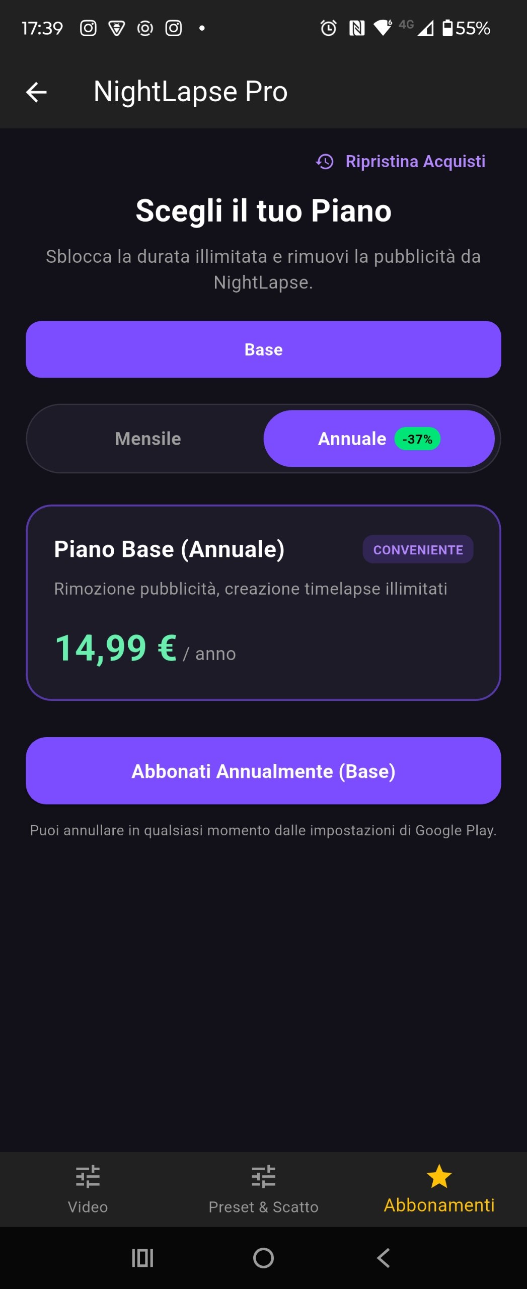 NightLapse Pro plan selector