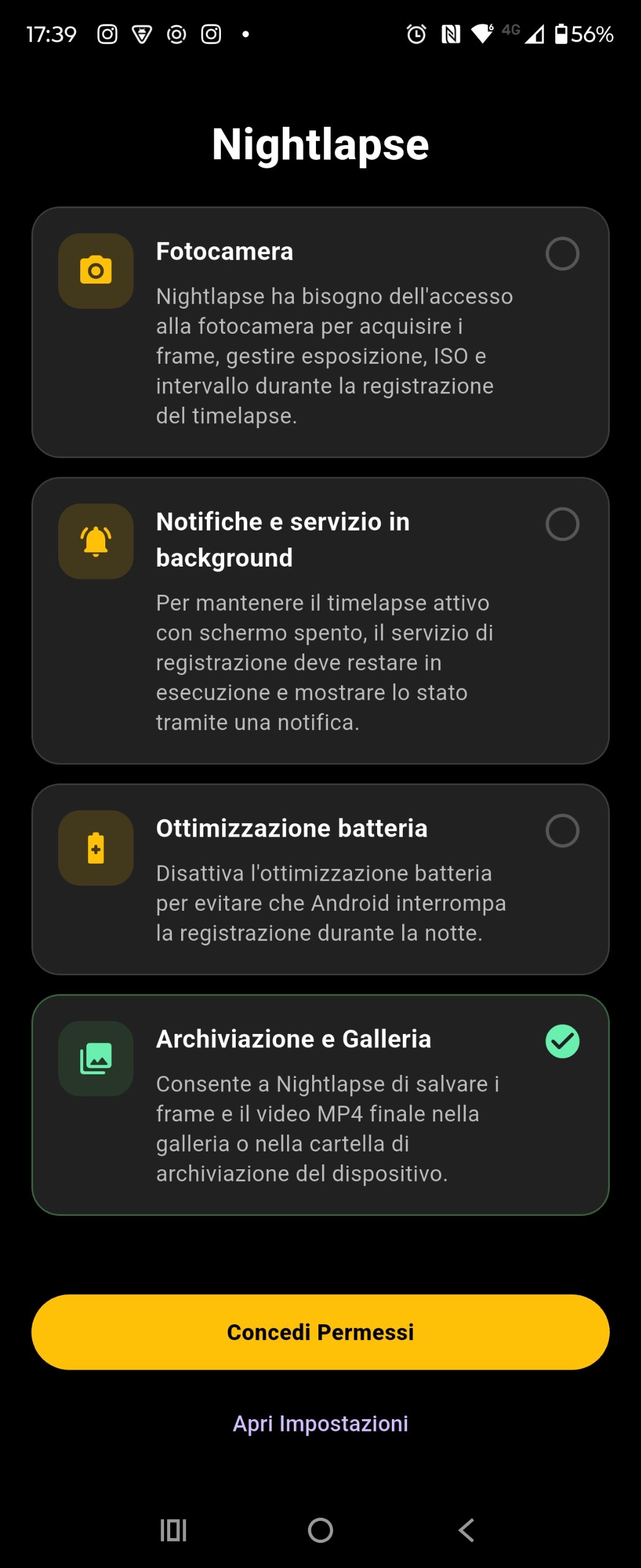 Permissions screen with four tiles