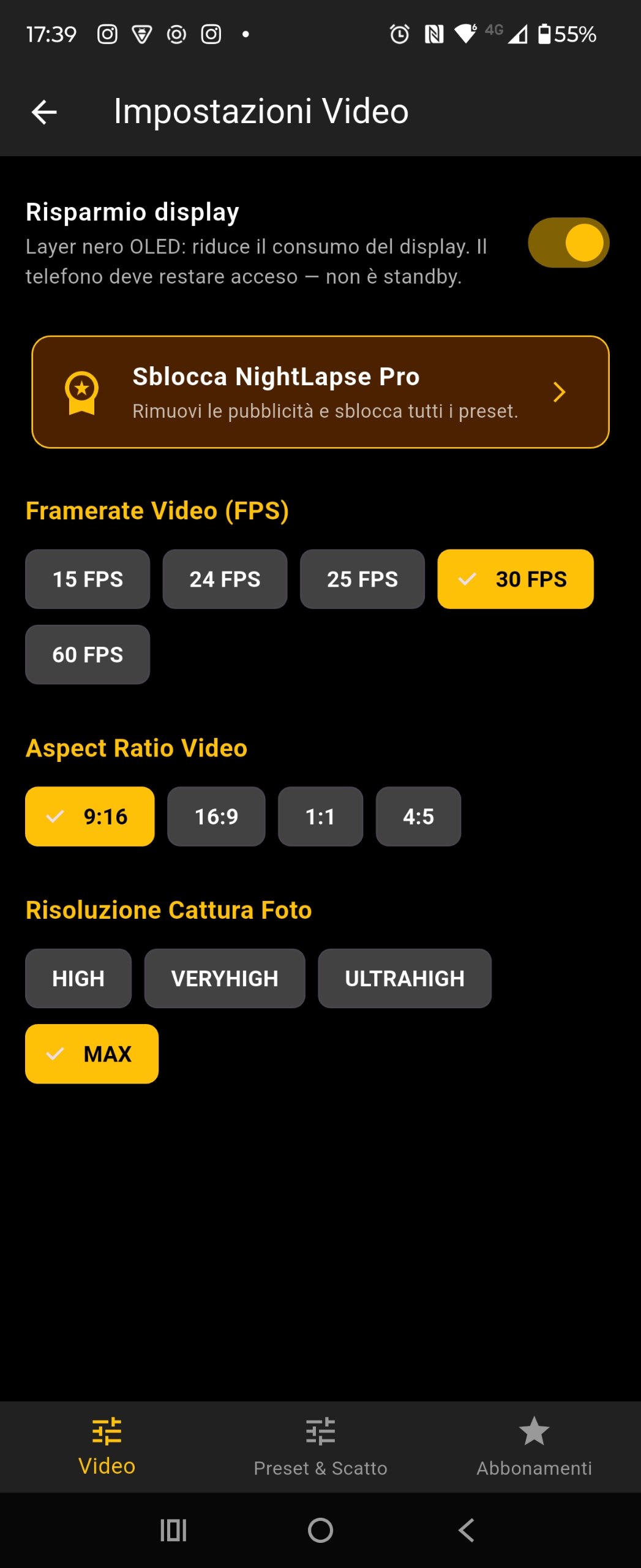 Video settings with energy saver FPS ratio resolution